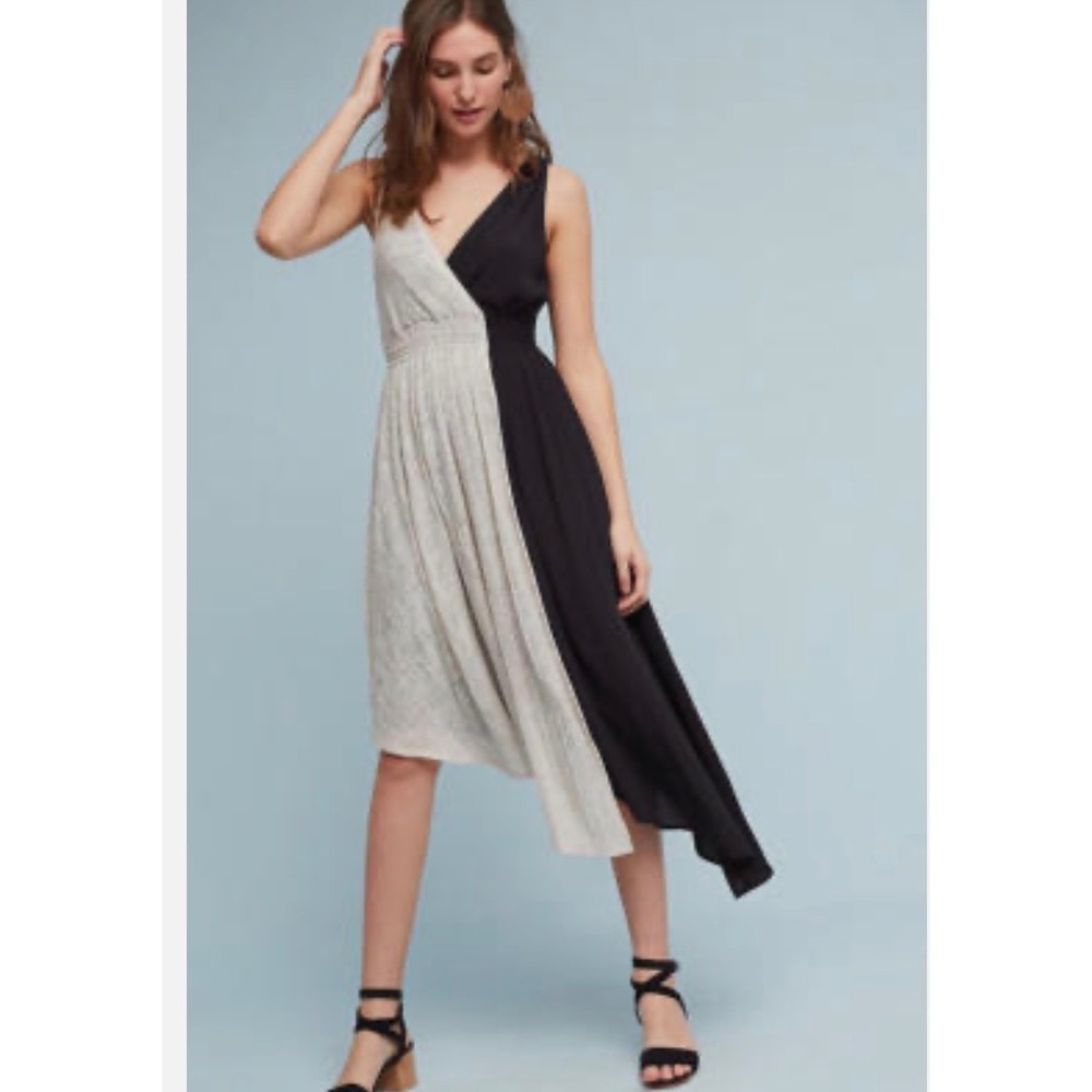 Anthropologie Maeve Elisabel Midi Dress S Black Cream Asymmetrical Colorblock